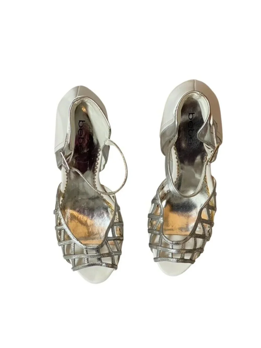 Bebe White & Silver Strappy Leather Platform Heels With Ankle Strap - Size 9